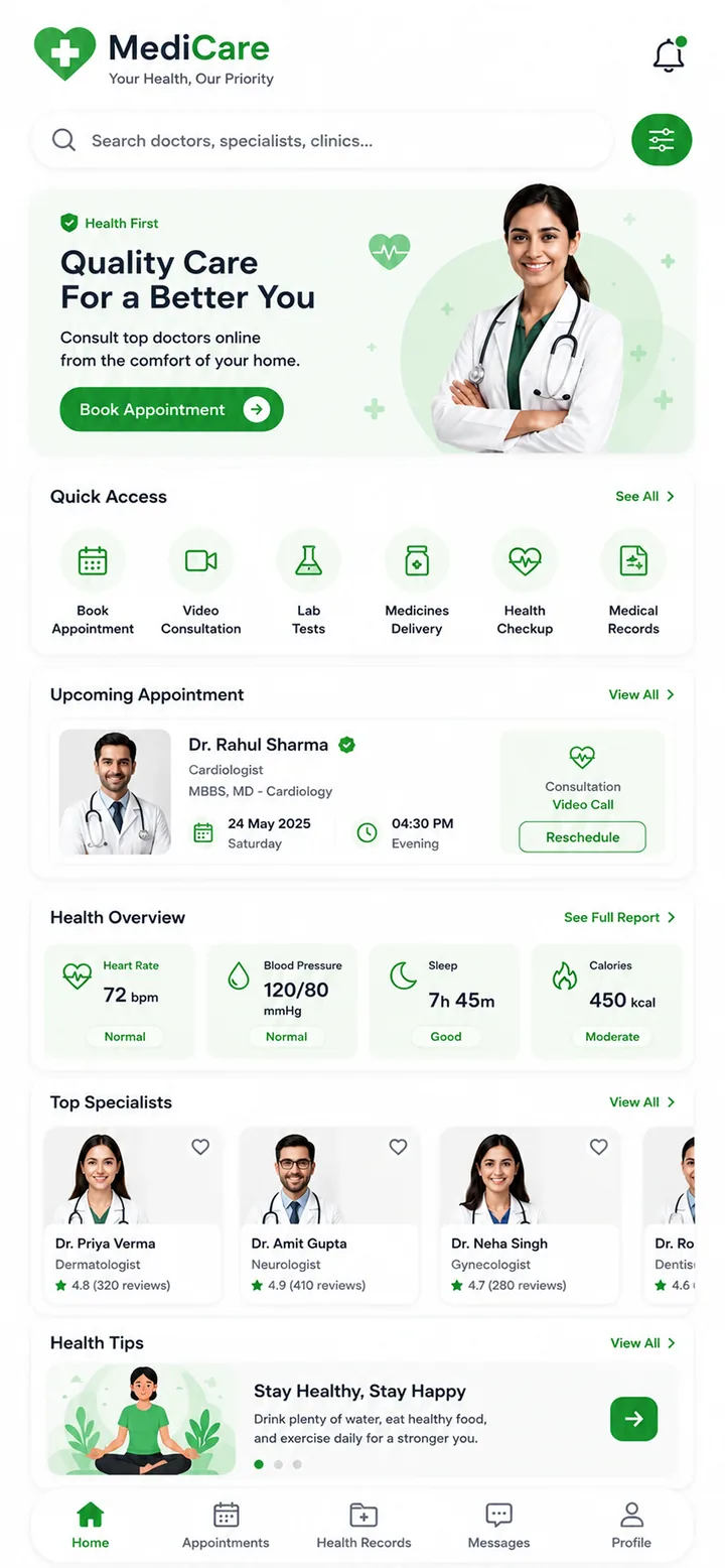 Healthcare and telemedicine app screen