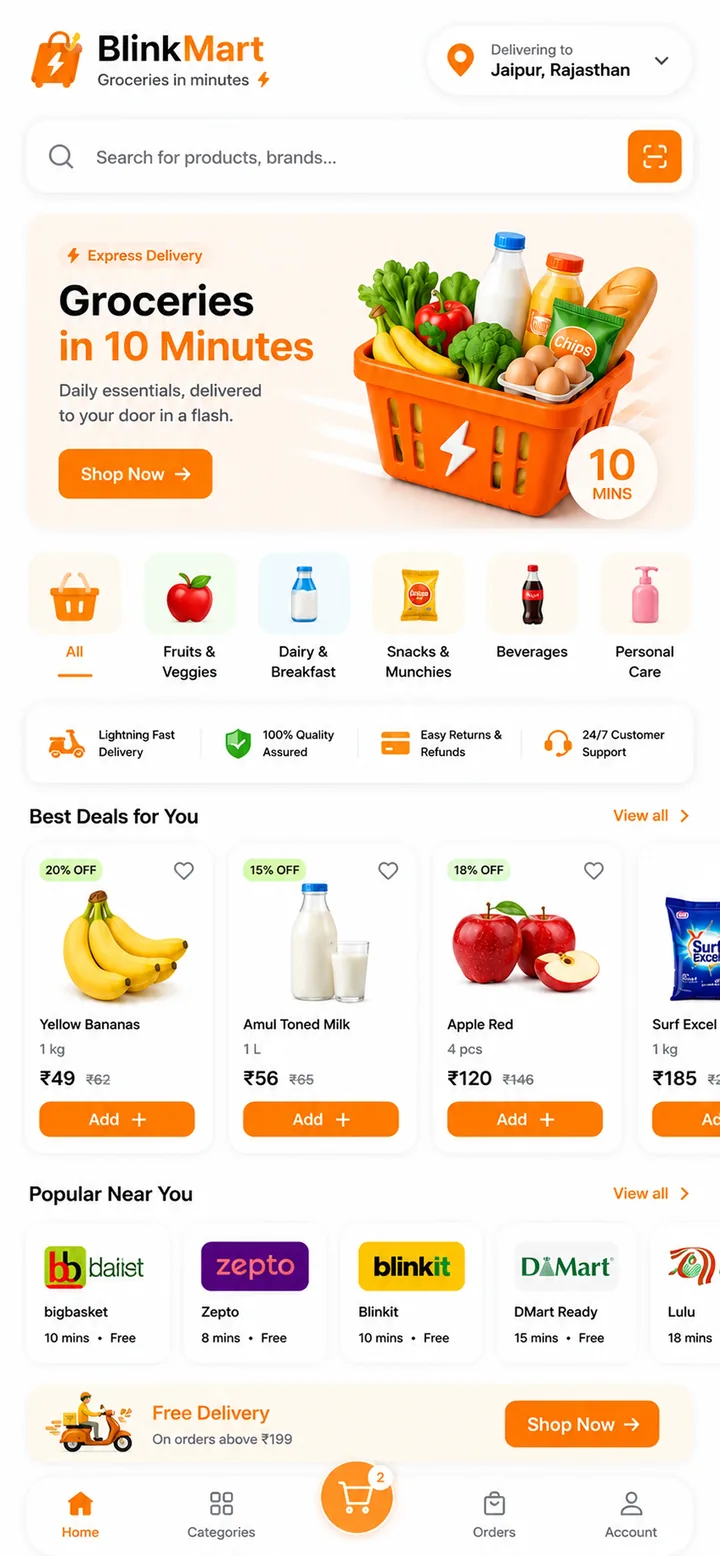 Quick-commerce grocery app screen