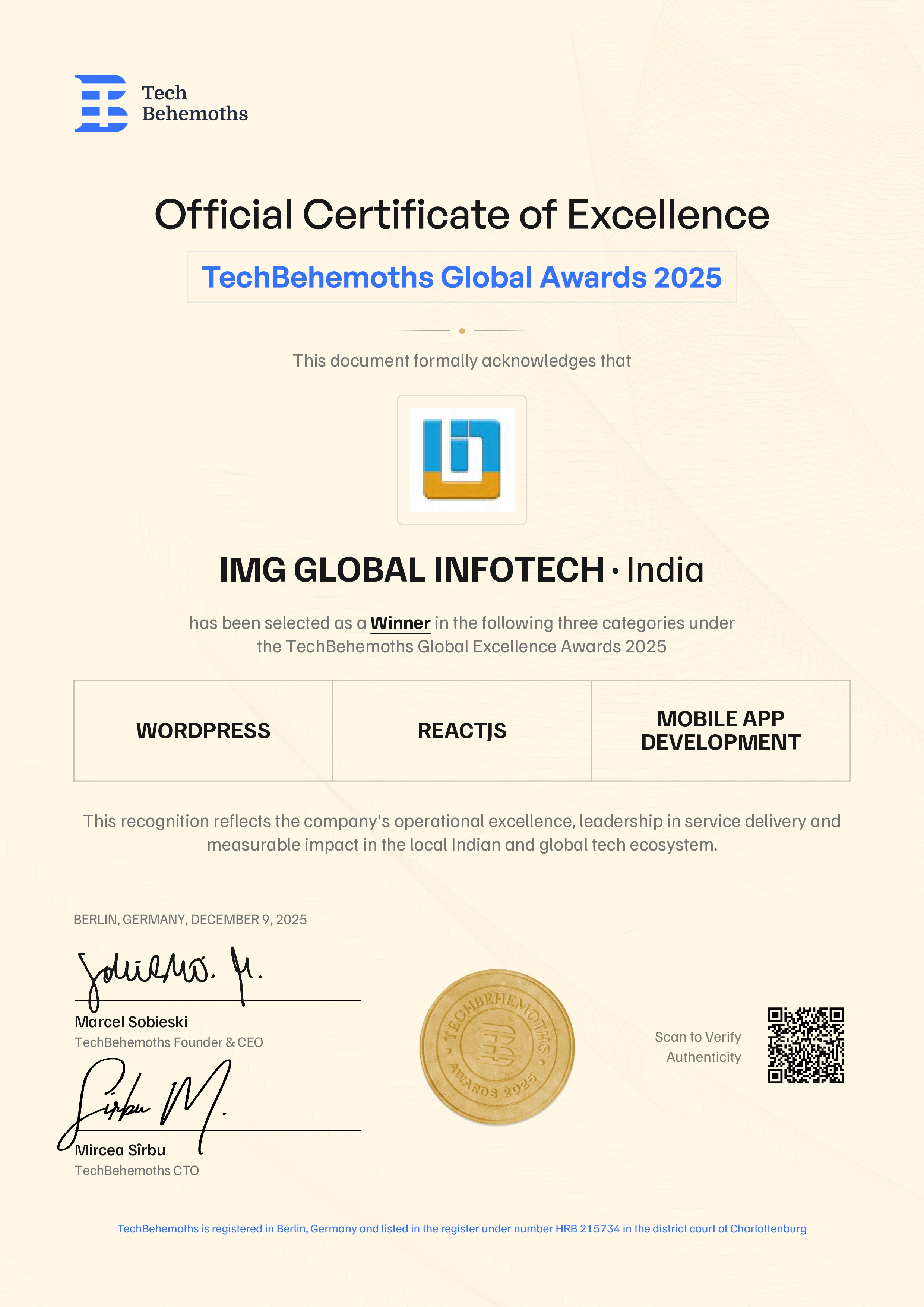 Official TechBehemoths Global Awards 2025 Certificate of Excellence awarded to IMG Global Infotech, India